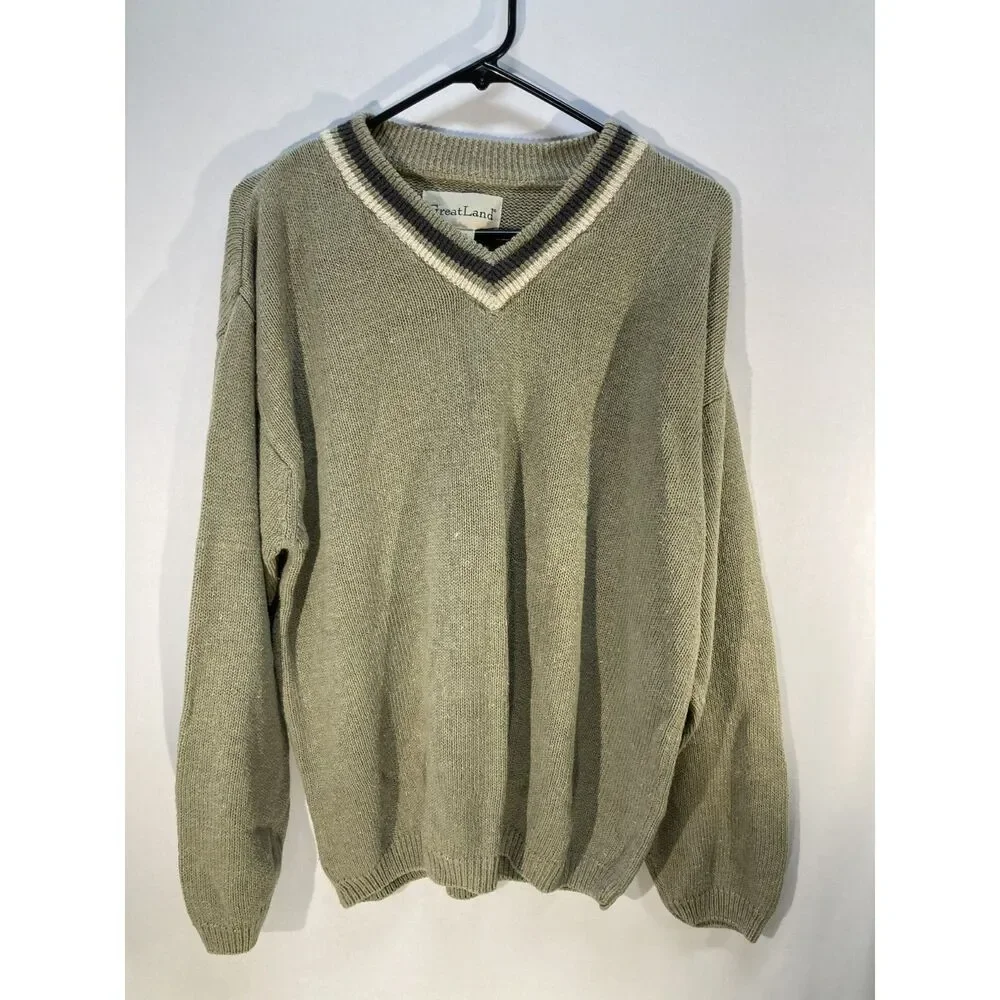 Vintage GreatLand Neck Cricket Sweater M Green Ramie Cotton Preppy Grandpacore